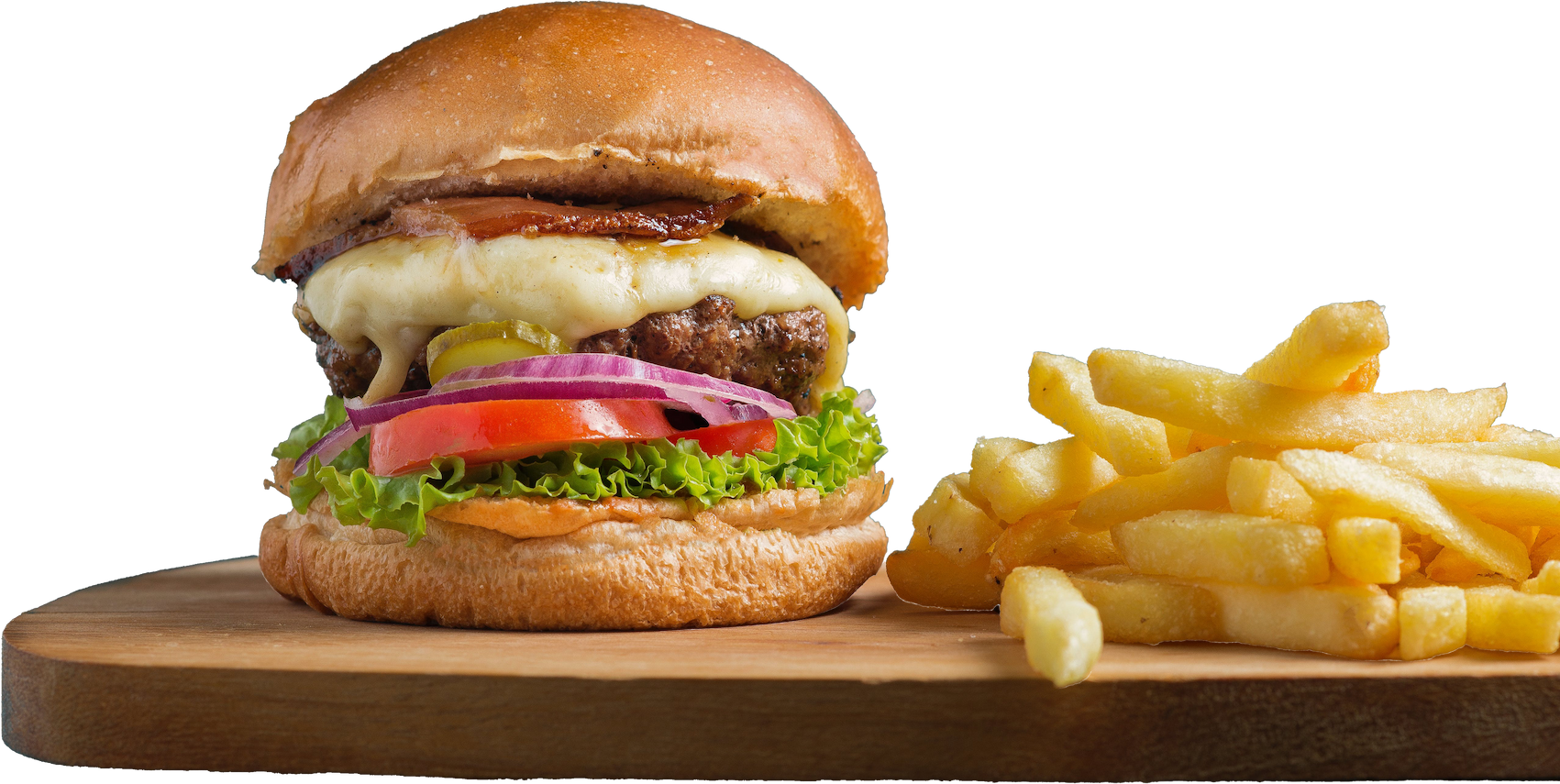 A side picture of a burger with tomato, lettuce, and cheese with a side of fries.